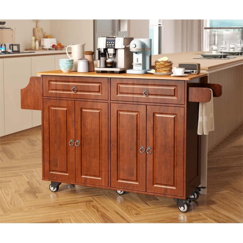 Kitchen Island Cart with Solid Wood Top and Locking Wheels - Natural