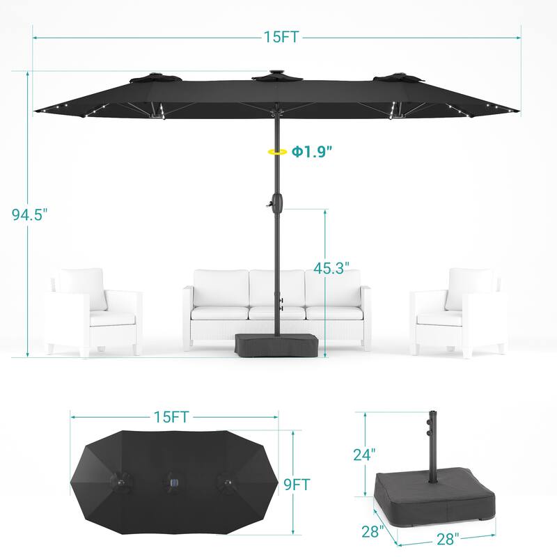 BONOSUKI 15×9FT LED Double-Sided Patio Umbrella with BASE Enhance Your Outdoor Oasis-Stylish