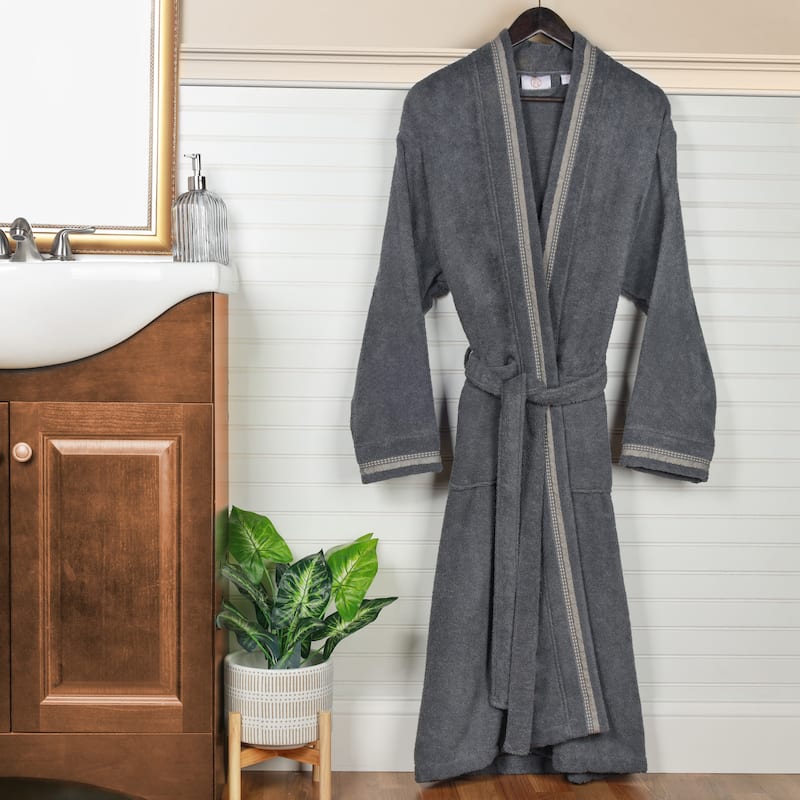 Superior Unisex Turkish Cotton Terry Kimono Bathrobe with Embroidery Robe - Small - Grey/Stone