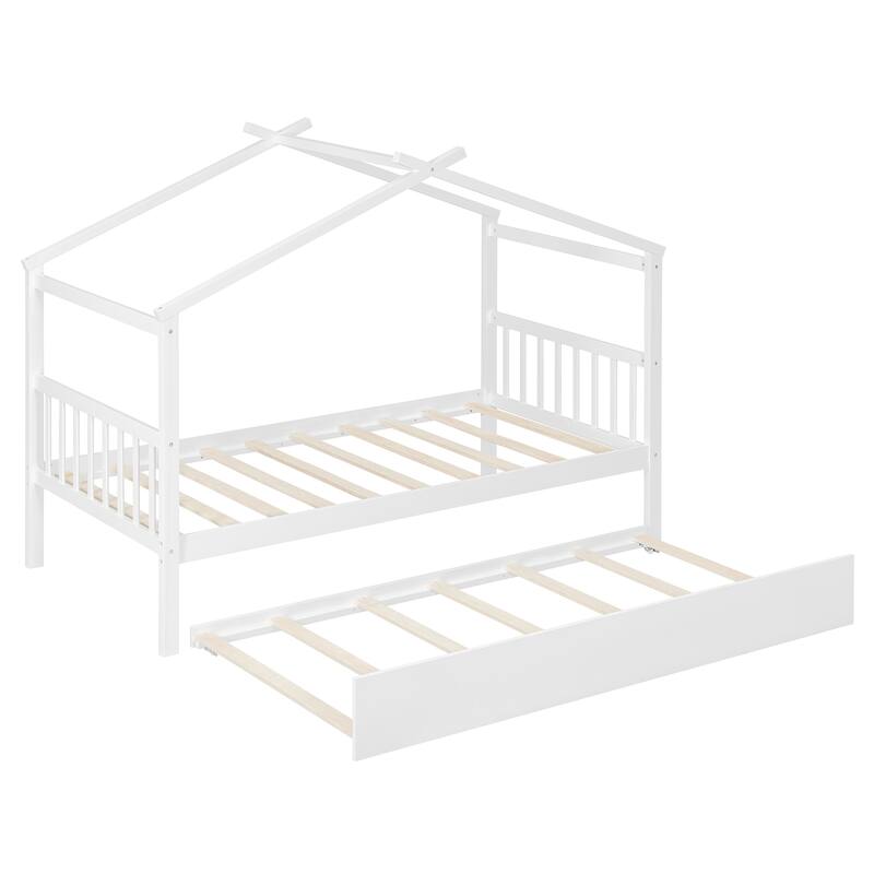 Twin Size Wooden House-Shaped Bed With Twin Size Trundle