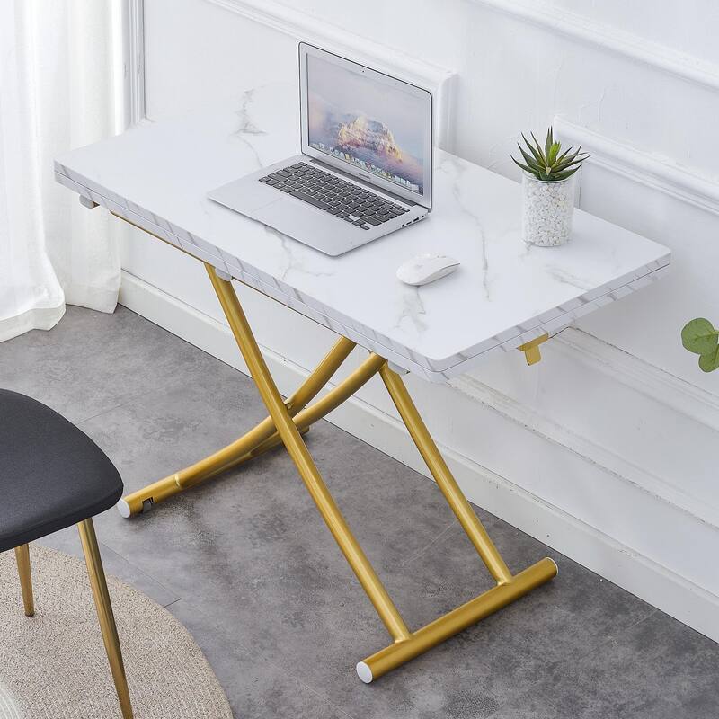 Modern Lift Table With 0.8-Inch Wood-Textured MDF Top & Black Metal Legs; Functions As Dressing, Coffee, Dining, Or Office Desk.