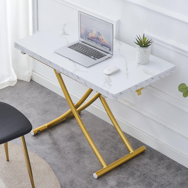 Modern minimalist multifunctional lift table with 0.8 inch thick MDF desktop and golden metal legs,coffee table