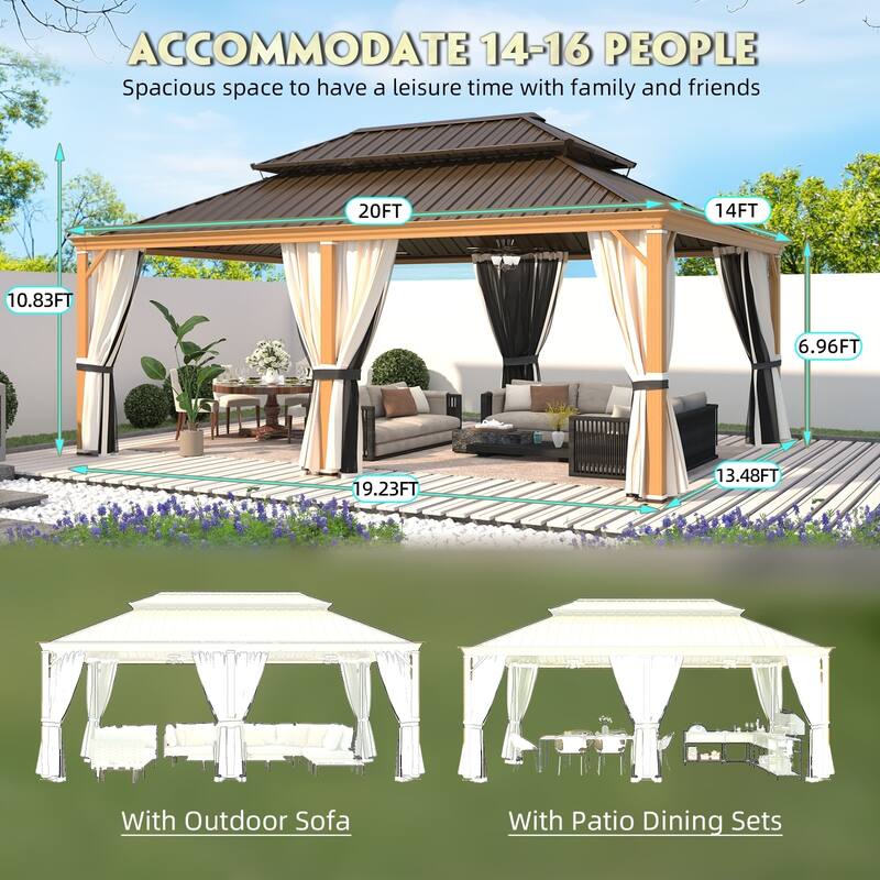 EROMMY Hardtop Patio Gazebo with Double Roof and Privacy Curtains, 12x16 FT Permanent Outdoor Metal Gazebo for Backyard, Deck