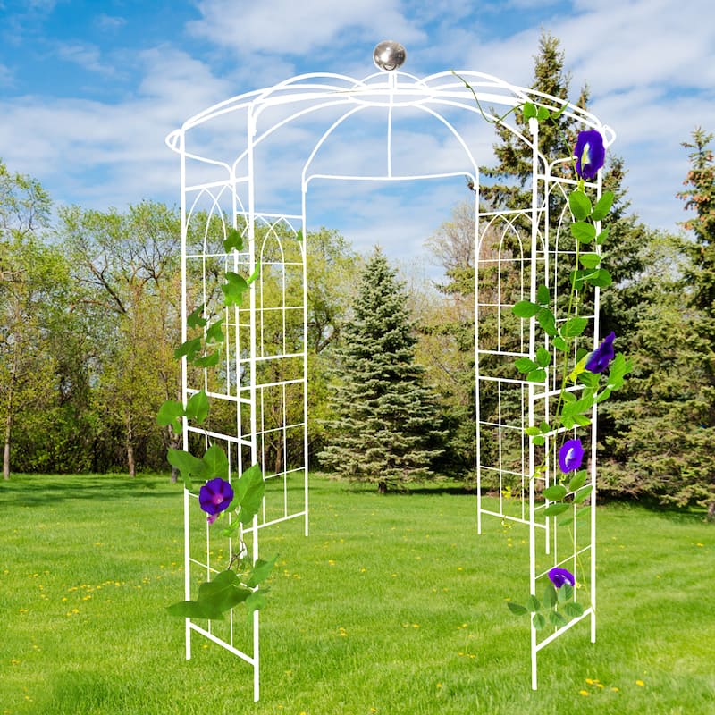 Metal Garden Arch Iron Garden Arbors Gazebo Dia 81.3'' x 114.2'' High Birdcage Shape Pergola Pavilion for Wedding Ceremony - White