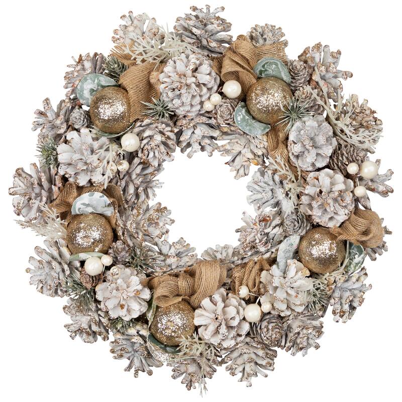 Green Pine Burlap Bows Artificial Glitter Christmas Wreath 13.75"