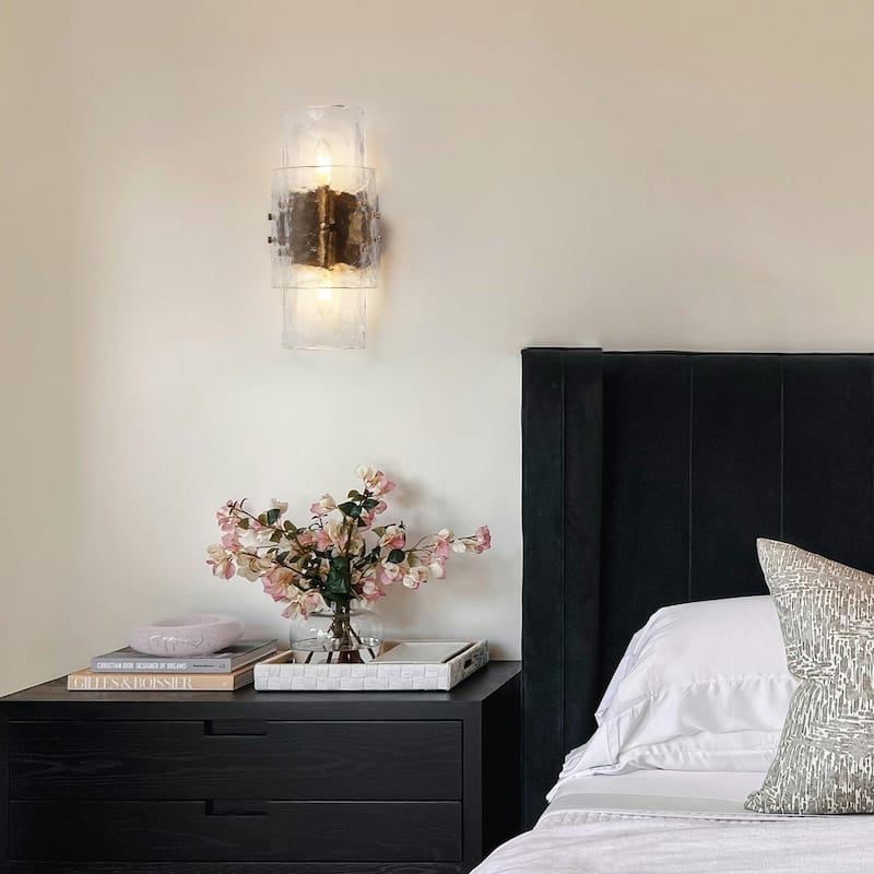 Modern 2-Light Gold Wall Sconces Textured Glass Bathroom Vanity Lights - L14.2" x W6.3"