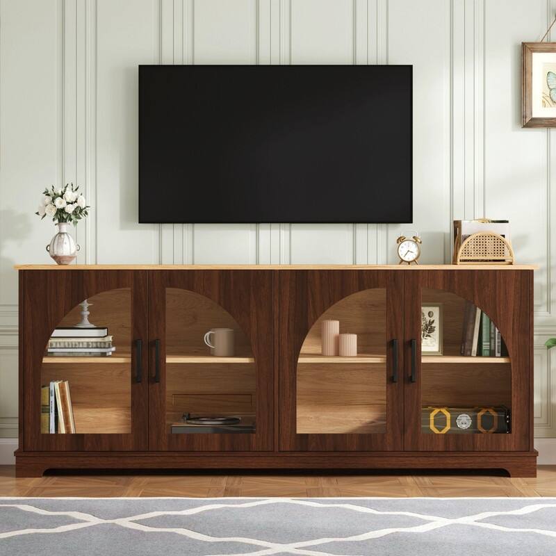 Farmhouse 66.9" TV Stand for TVs Up to 70", Wood Media Console with Adjustable Shelves and Glass Doors - Walnut