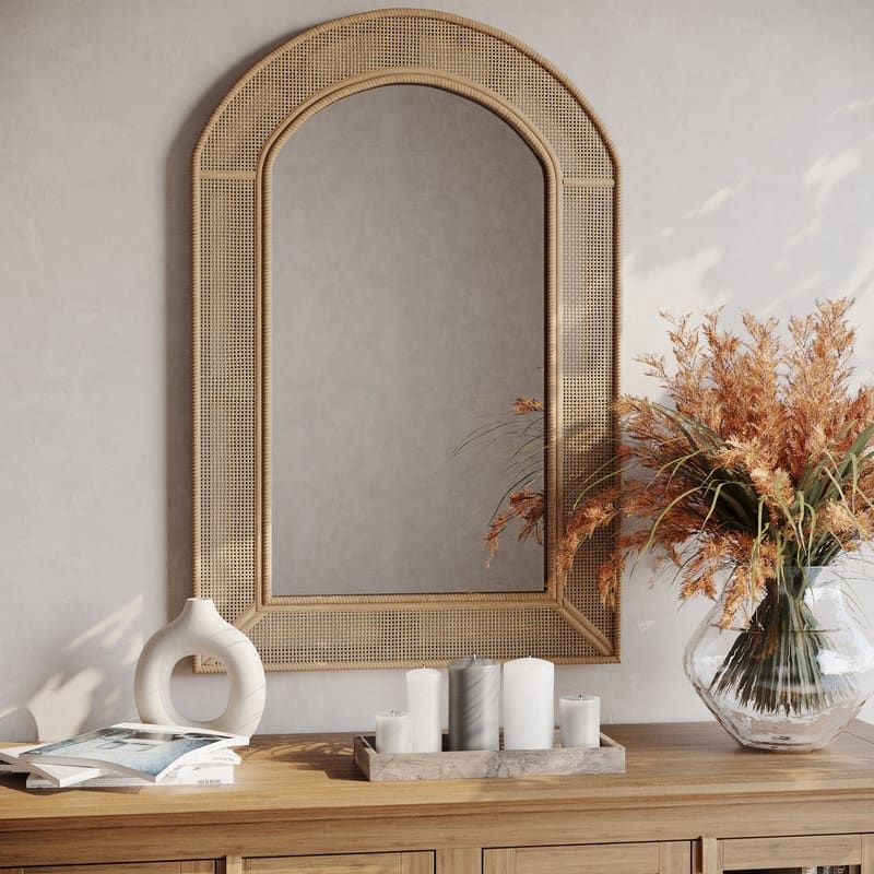Delara Boho Arch Rattan Wall Mirror - 36"H x 24"W x 1.5"D