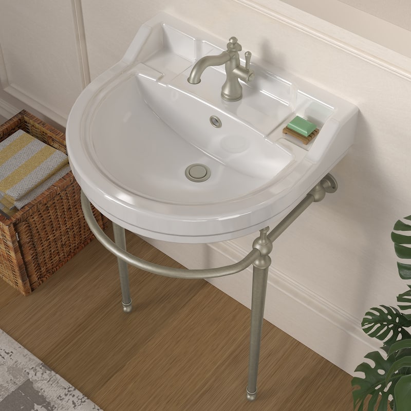 Whitehaus Console Sink With Semi-Circular Bowl, Metal Leg Supports and Front Towel Bar.