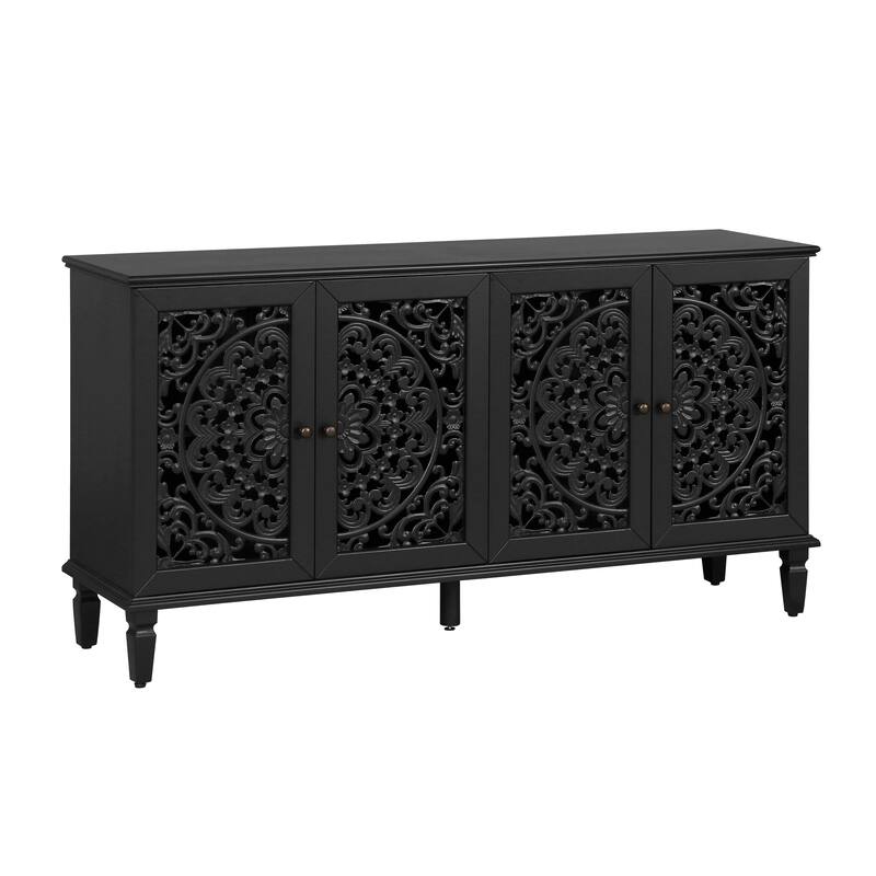Roomfitters 60" Antique Buffet Cabinet, Floral Carved 4-Door Sideboard with Solid Wood Legs & Brass Handles