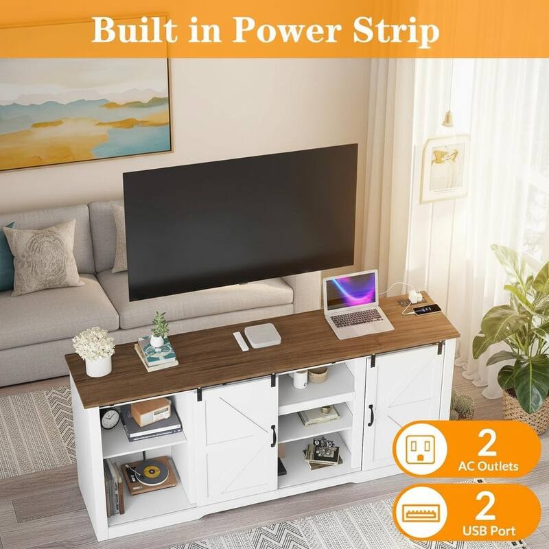 Farmhouse TV Stands, with Adjustable Shelves & Sliding Barn Door