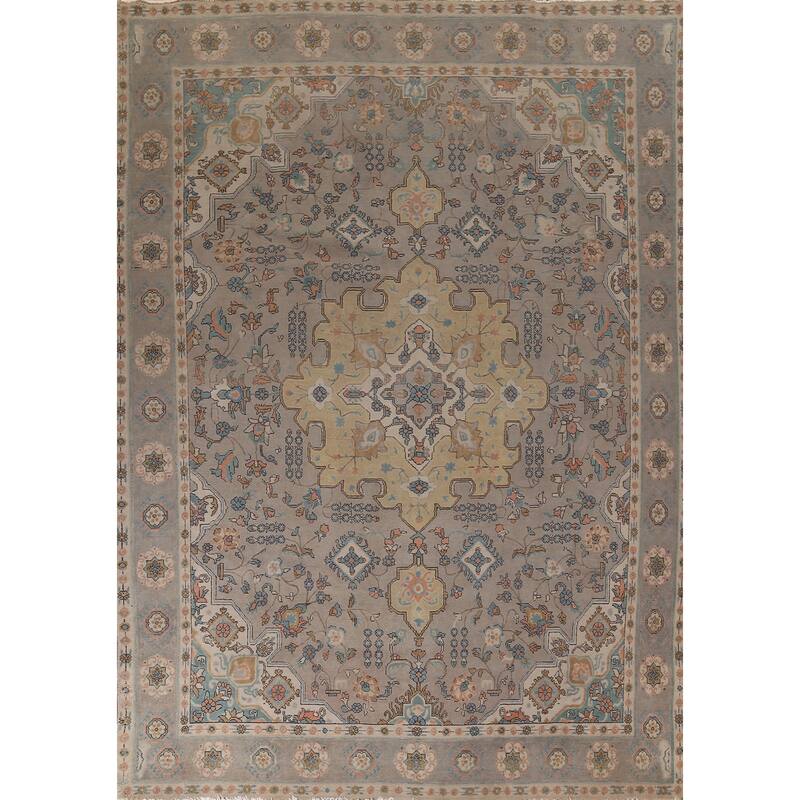 Geometric Gray Tabriz Persian Vintage Area Rug Handmade Wool Carpet - 9'11"x 13'4"