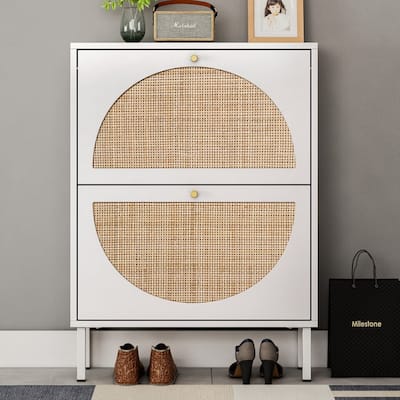 Rattan 2-Drawer Shoe Rack Cabinet,Shoe Storage w/Natural Rattan Flip Doors,Wall Mounted & Free-standing