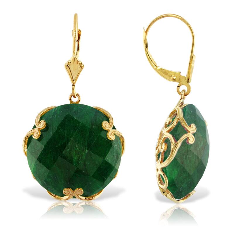 14K Solid Gold Earrings w/ Checkerboard Cut Round Dyed Green Sapphires - Yellow