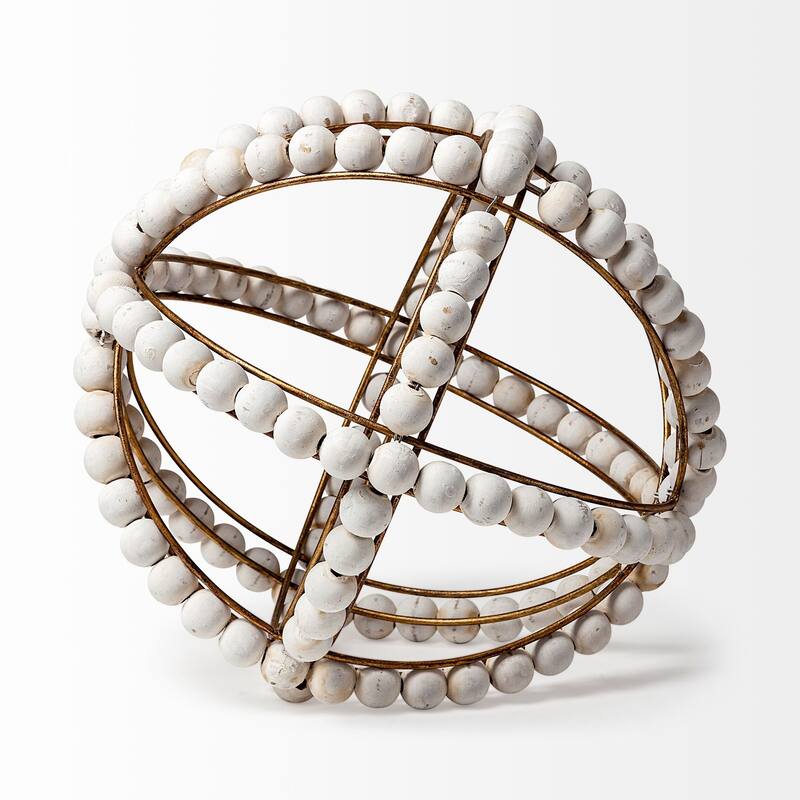 White Wooden Bead and Gold Orb Sculpture