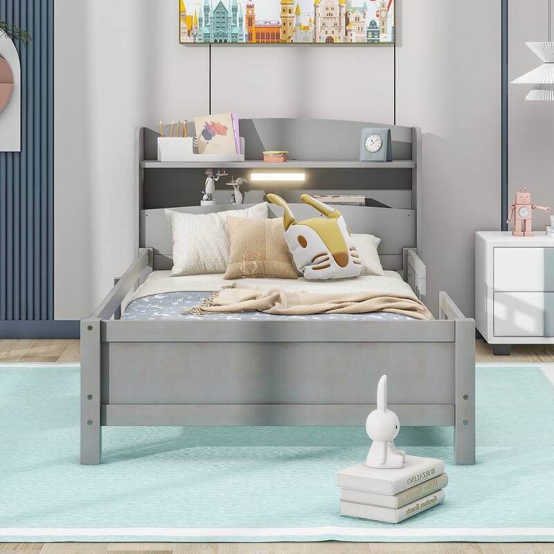 Modern Wood Twin/Full Size Platform Bed with Built-in LED Light, Storage Shelves, and Guardrail, Ideal for Kids' Rooms