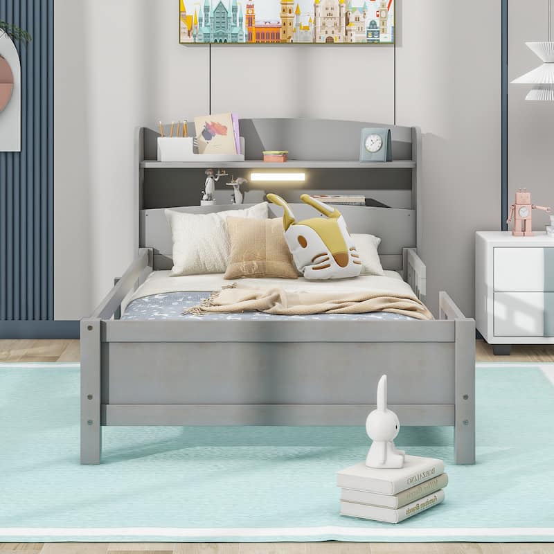Wood Twin Platform Bed with LED Light, Storage, Guardrail - Classic Style