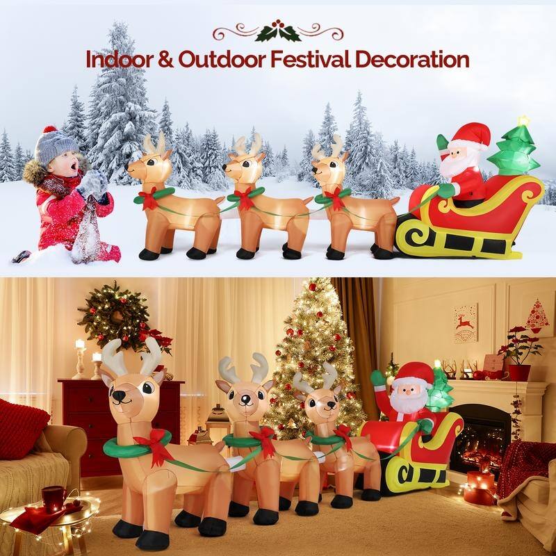 10Ft Long Blow Up Christmas Santa Claus Sleigh & Reindeer Outdoor Inlflatable Decorations - N/A