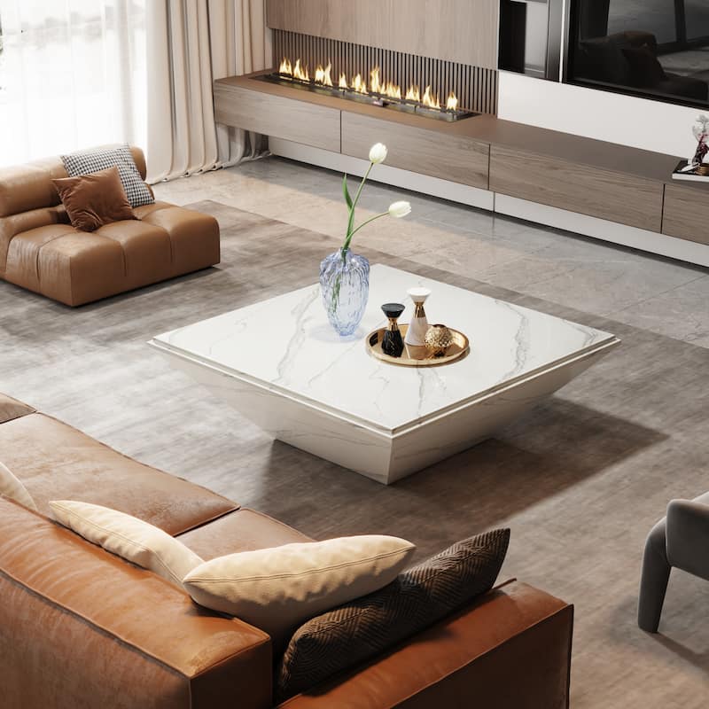 35.43-Inch Square Coffee Table for Living Room, White Modern Center Table with Faux Marble Top