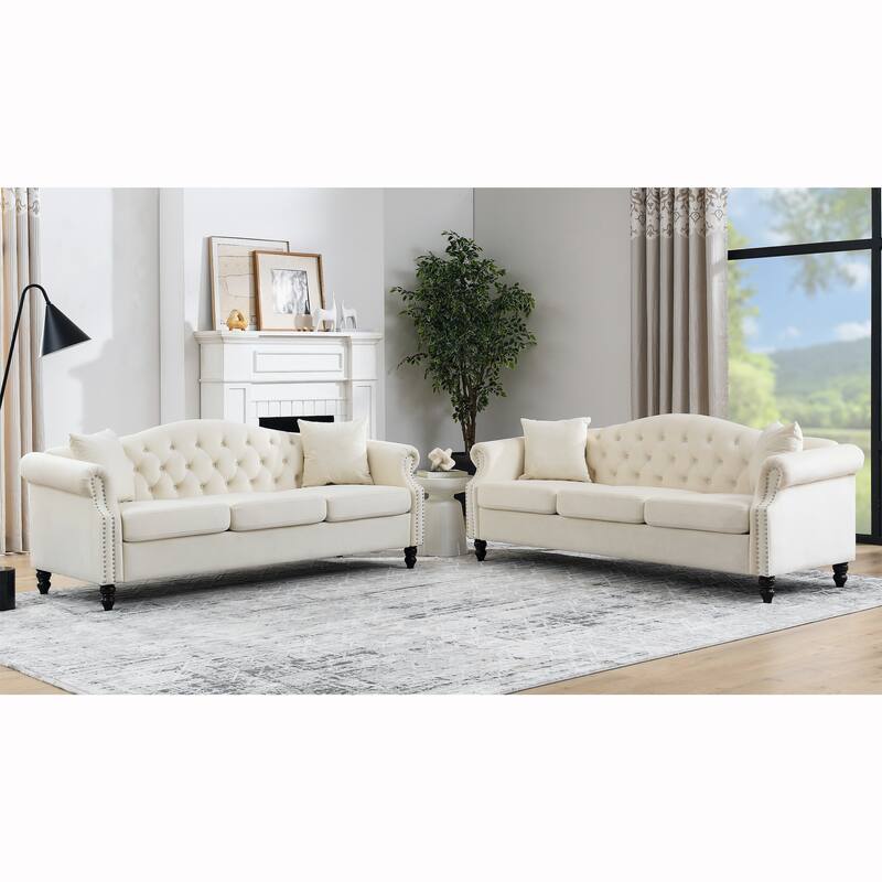2-pcs Combination sofa Set, 3-seater Beige Velvet Sofa Solid Wood Frame Couch with Nailhead Rolled Armrests for Living Room