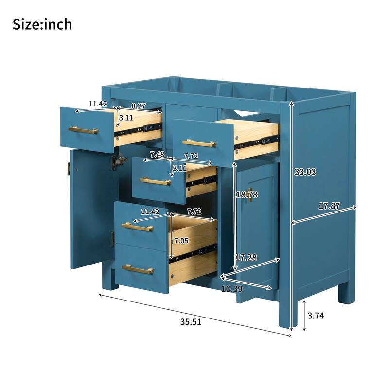 Modern 36 Inch Bathroom Vanity without Sink, Freestanding Single Bathroom Cabinet with 4 Drawers and 2 Cabinet Doors