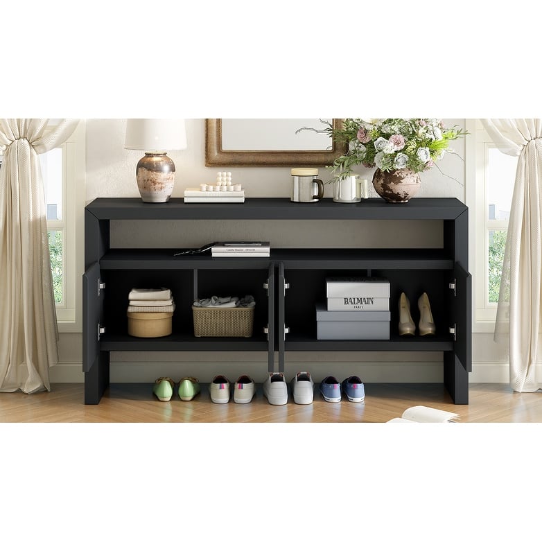 4-Door Sideboard, Modern Minimalist Solid Wood Veneer Sideboard with Open Shelf, Natural Wood Grain, for Living Room, Dining