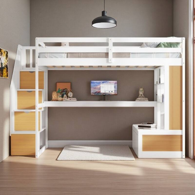 Full Size Solid Pine Wood Frame Loft Bed with Built-in Desk, Storage Staircase, Shelves, and Dual Drawers - Natural+White