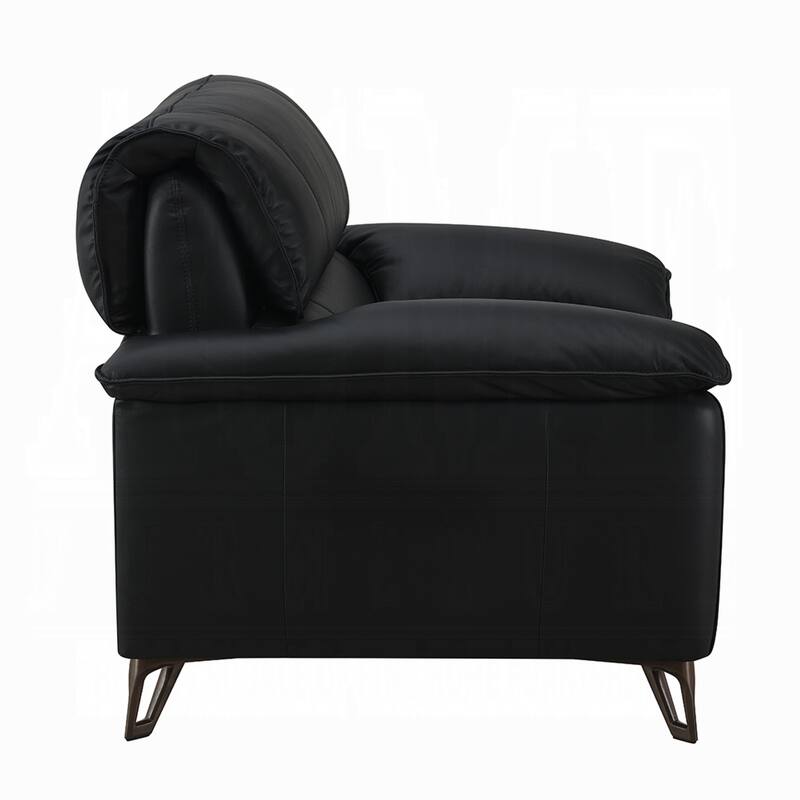 Bernie Sofa, Sleek Black Top Grain Leather, Bronze Metal, 83 Inch