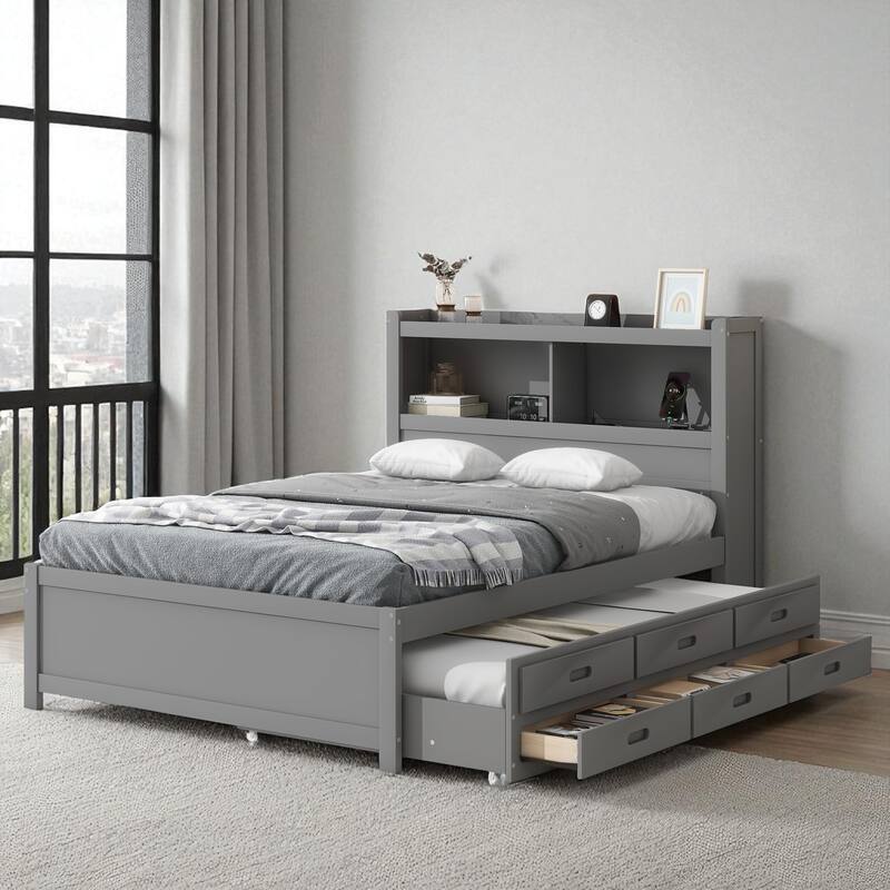 Full Size Platform Bed with Trundle, 3 Drawers, Storage Headboard & USB Charging Ports - Grey - Full