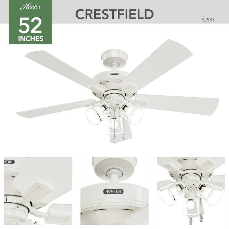 Hunter 52" Crestfield Ceiling Fan w/ LED Light Kit, Pull Chain - Farmhouse, Transitional - EASY INSTALLATION!