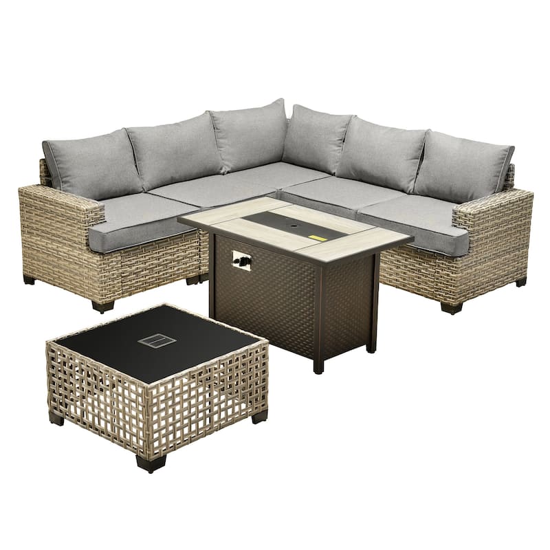 XIZZI 7 Pieces Patio Furniture Wicker Sectional Sofa Set with Fire Pit Table