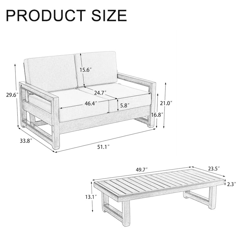 Outdoor Patio Loveseat Table Set Teak Wood with Cushion