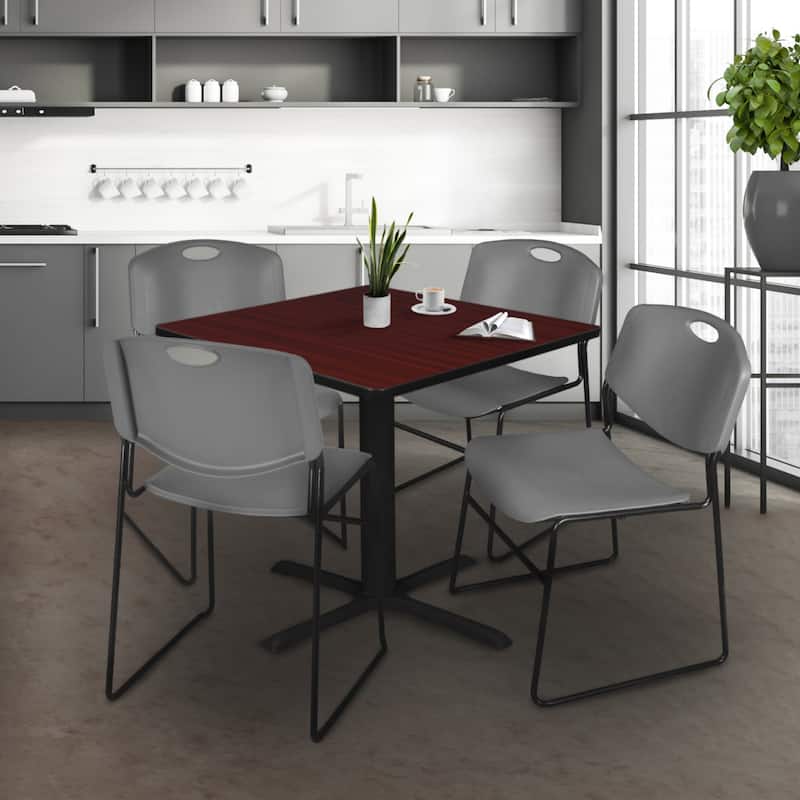 48" Square Breakroom Table- Mahogany & 4 Stack Chairs- Grey - Mahogany, Grey - 48