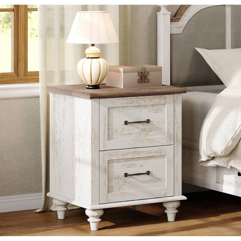 Nightstand with Charging Station, 2-Drawer End Table for Bedroom - Antique White - 2-drawer