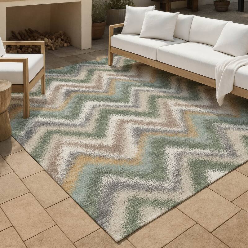 Machine Washable Indoor/ Outdoor Modern Chevron Chantille Rug - Basil - 3' x 5'