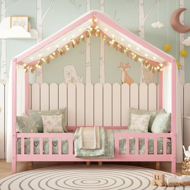 Whimsical Montessori-Inspired Floor Bed with Canopy & Full Safety Rails by Harper&Bright Designs - Pink - Full