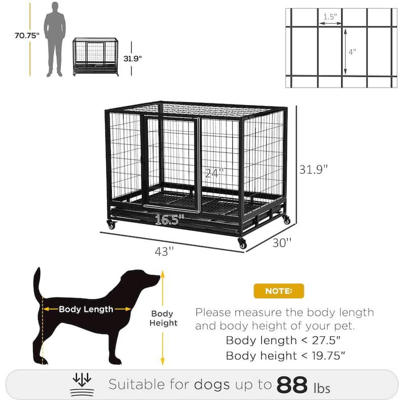 PawHut 43" Heavy Duty Dog Crate, Indestructible Dog Cage Kennel with Removable Tray, Lockable Wheels and Double Door, Black