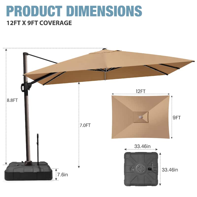 VredHom 9 x 12 FT Outdoor Patio Cantilever-Offset Umbrella with Wheel Rod Base