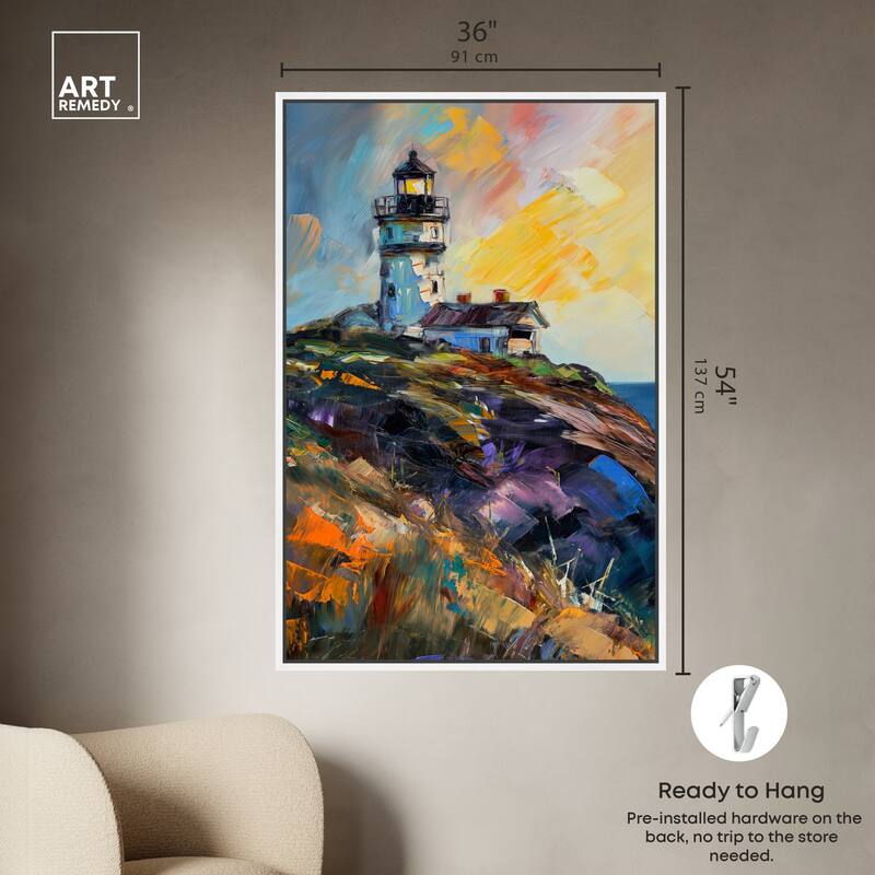 Art Remedy Colorful Lighthouse Framed Impressionism 1 Piece Canvas Wall Art /Monet And Van Gogh Inspired Art