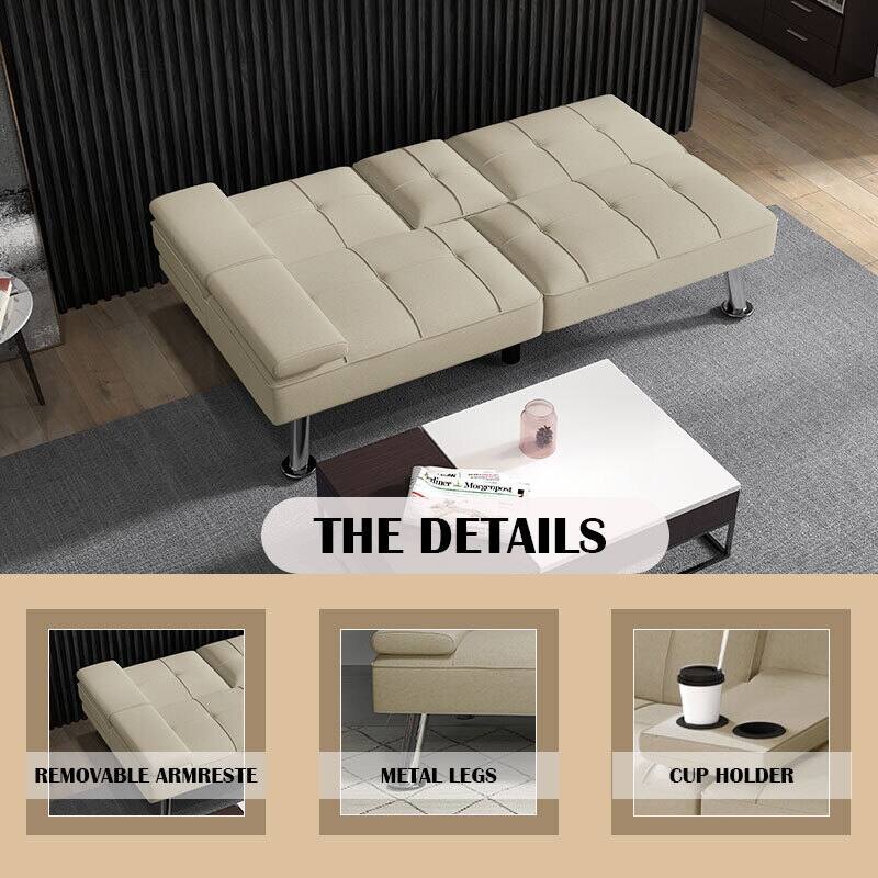 Linen Upholstered Modern Convertible Folding Futon Sofa Bed for Compact Living Space