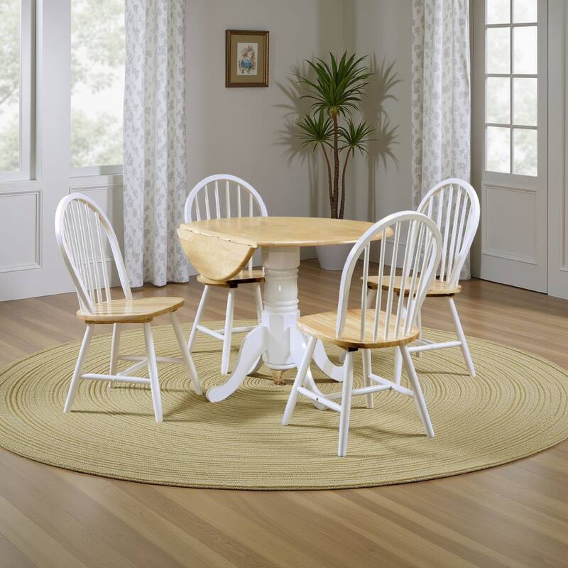 Giva Round Dining Table and 4 Chairs Set, Drop-Leaf, White and Brown