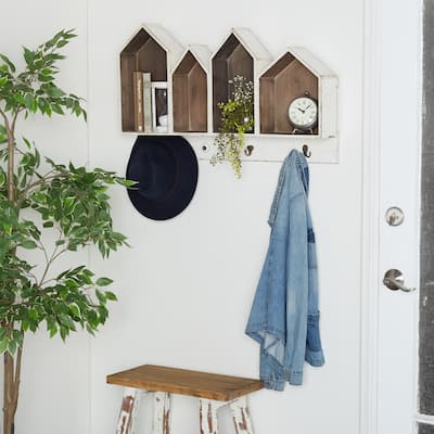 White Wooden 1 Shelf Wall Shelf with Hooks - 33 x 5 x 19