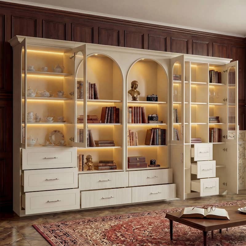 Modular Bookcase with LED Lights, Glass Door Storage Cabinet with Drawers, Large Display Shelving Unit Sideboard