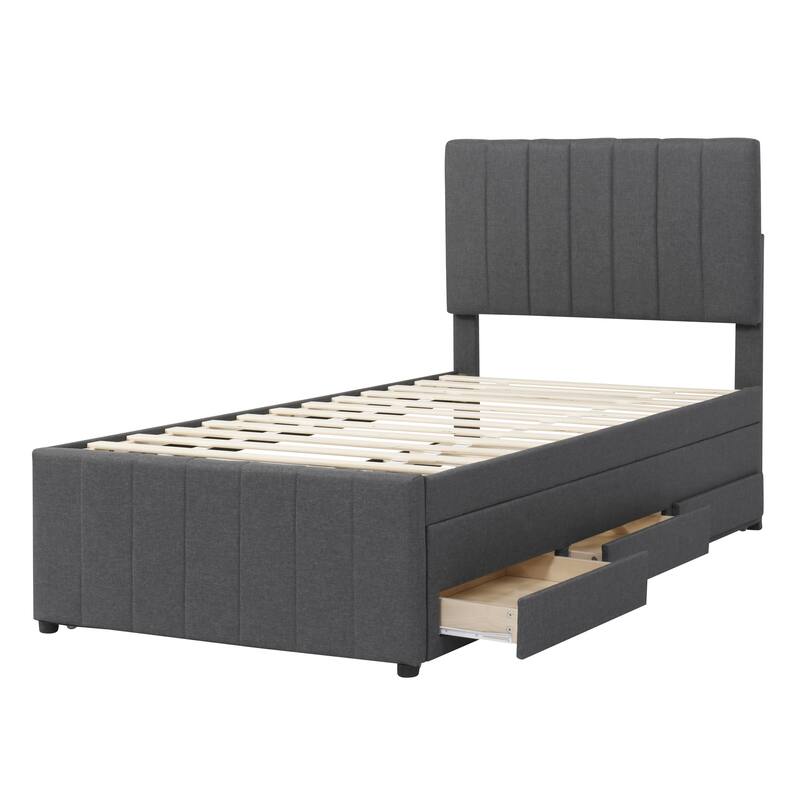 Upholstered Platform Bed Captain Bed with Trundle and 3 Drawers, Vertical Striped Linen Headboard and Footboard Slats Support