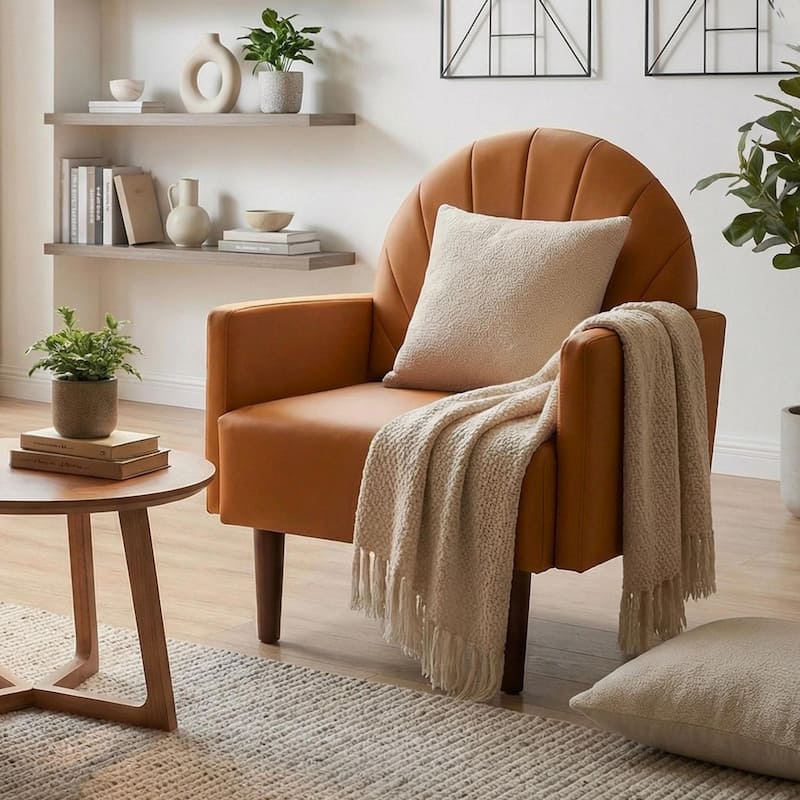 Contemporary Shell-shaped Amchair with Upholstery and Wooden Legs, Suitable for Living Rooms