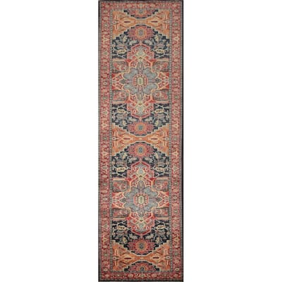 Hand Knotted Oriental 100% Wool Carpet Traditional Geometric Navy Blue & Blues Heriz (serapi) Runner Rug - 14' 8'' X 3' 3''