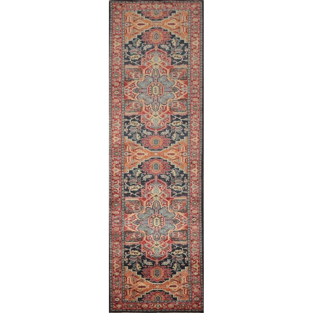 Hand Knotted Oriental 100% Wool Carpet Traditional Geometric Navy Blue & Blues Heriz (serapi) Runner Rug - 14' 8'' X 3' 3''