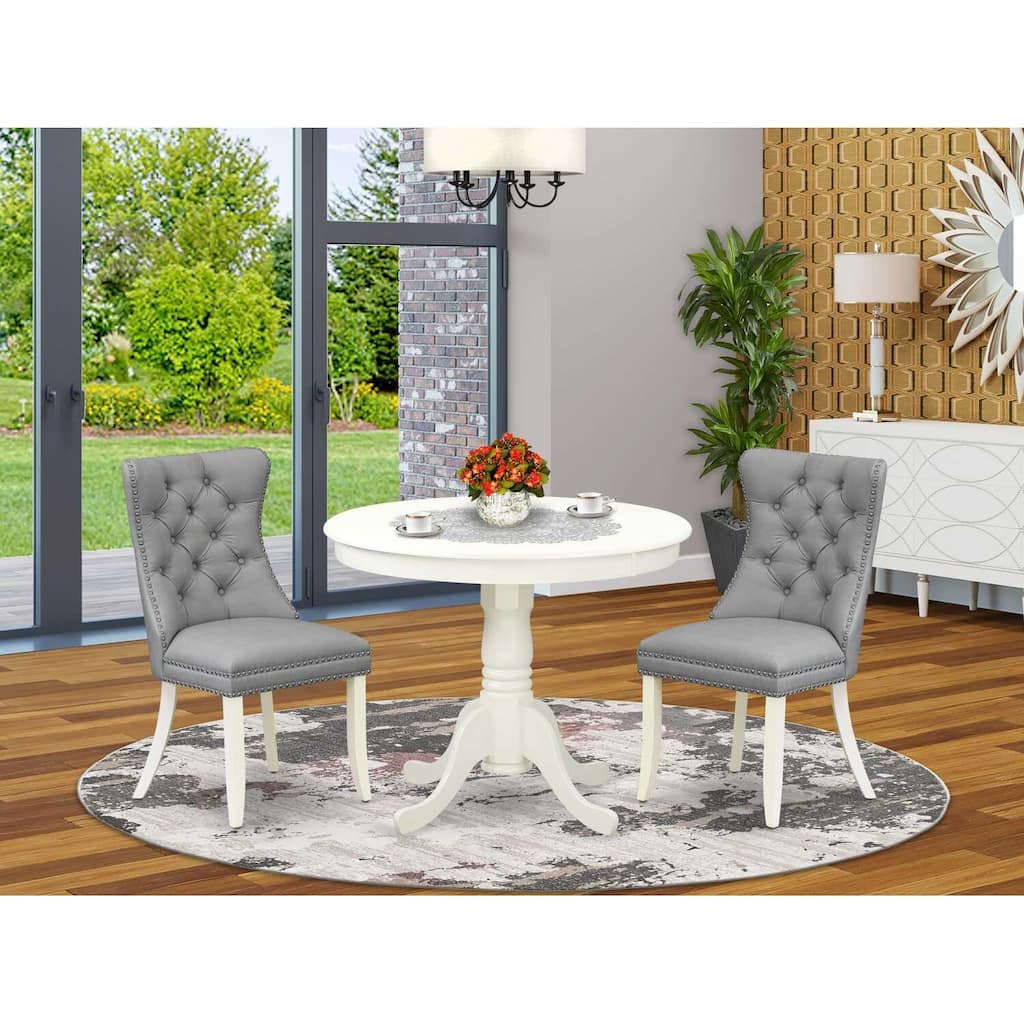 3-Piece Linen White Finish Solid Wood Top - Round Upholstered Dining Room Set - Seats-4