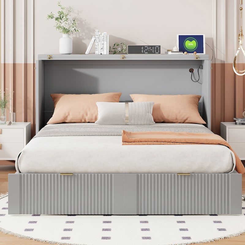 Full Size Smart Murphy Bed with Roller Skate System With Built-in USB/Outlet Charging Station & Storage Drawer