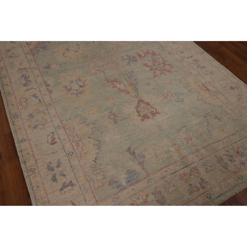 Light Green Oushak Vegetable Dye Turkish Area Rug Handmade Wool Carpet - 5'2"x 7'3"